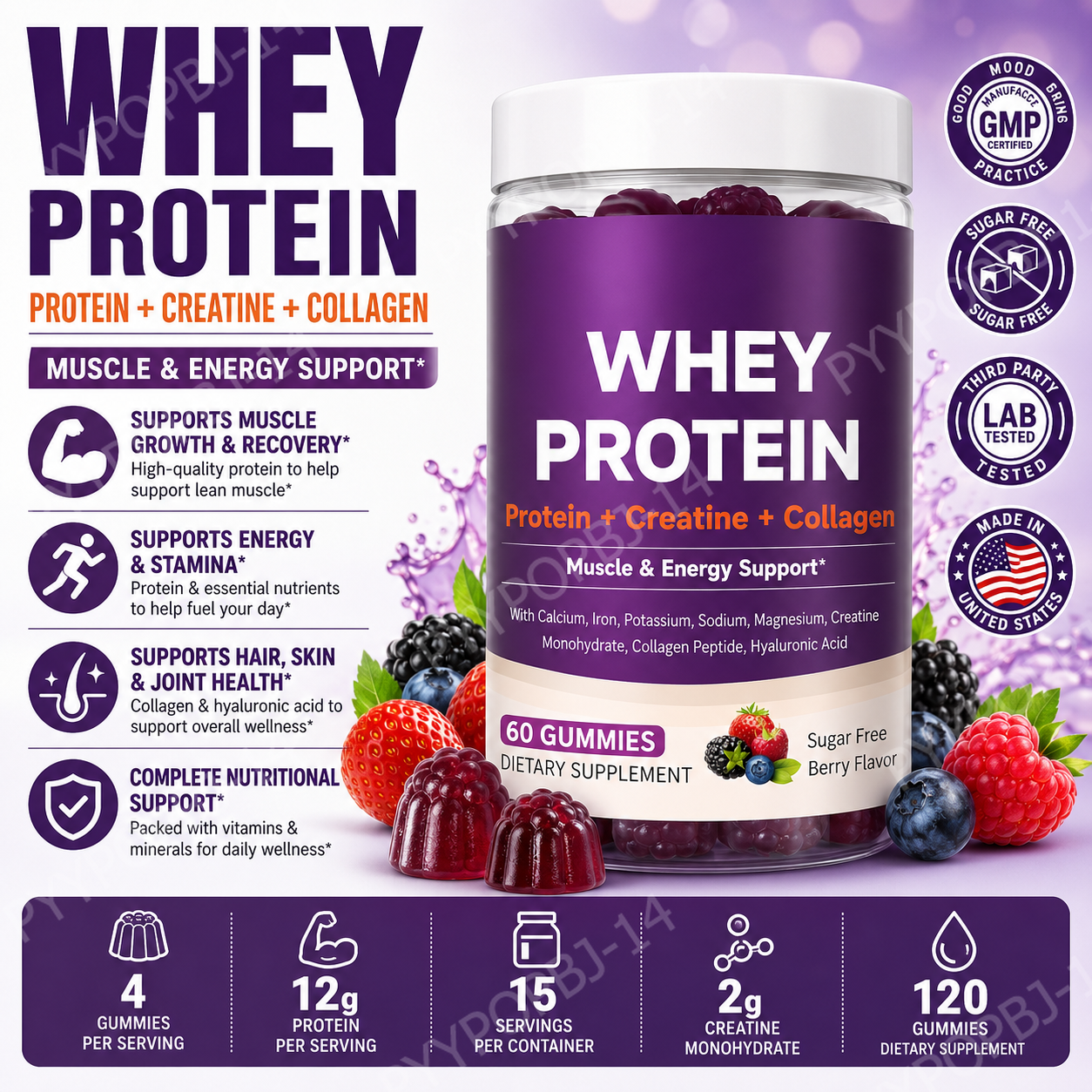 Nutrition Fitness Supplements - Protein Gummies with Whey Creatine Collagen